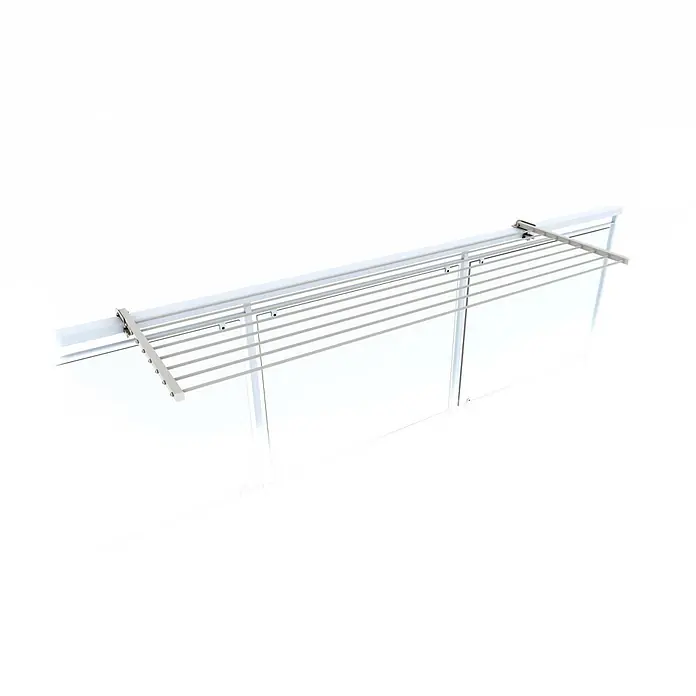 Foxydry Wandwäschetrockner Duo 160 Weiß - 162 cm, Farbe: Weiß - Silbernes Wäschegestell aus Metall für Balkone, mit mehreren Stangen an einem Geländer befestigt.