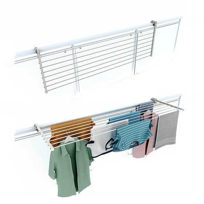 Foxydry Wandwäschetrockner Duo 160 Weiß - 162 cm, Farbe: Weiß - Wandmontierter silberner Metall-Wäscheständer, leer und mit verschiedenen Kleidungsstücken behängt gezeigt.