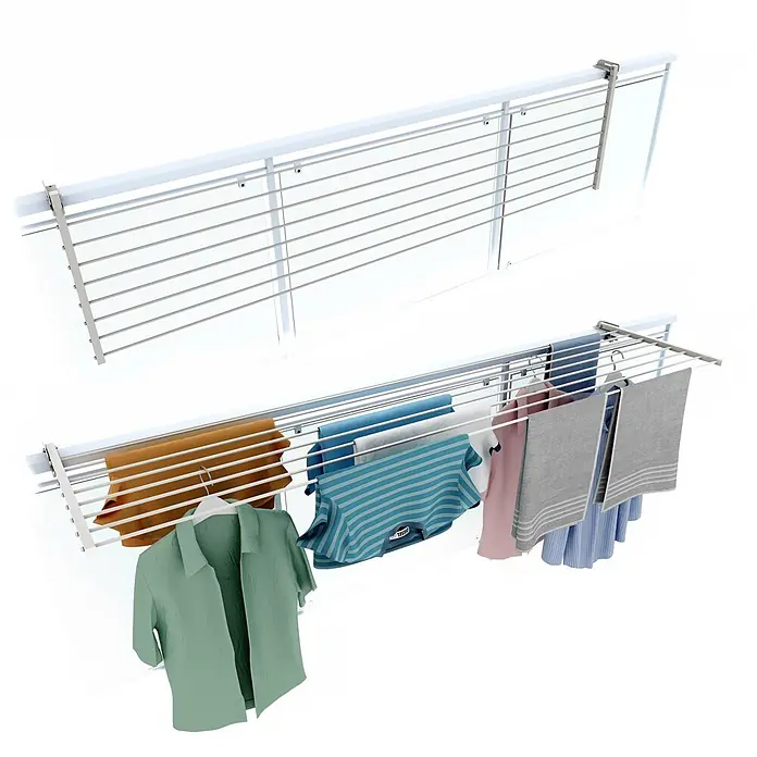 Foxydry Wandwäschetrockner Duo 200 Weiß - 202 cm, Farbe: Weiß - Ausziehbarer Wäscheständer aus Metall an einem Balkongeländer, mit verschiedenen Kleidungsstücken und Handtüchern zum Trocknen.