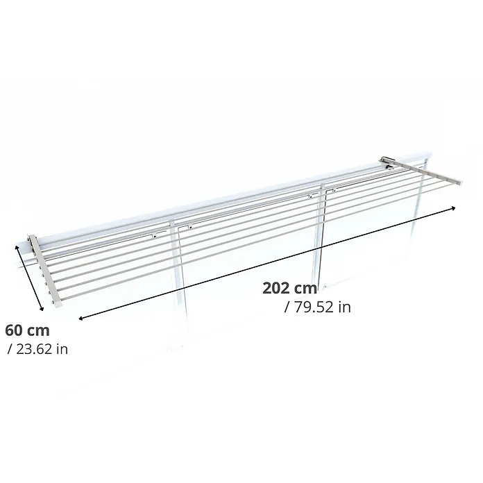Foxydry Wandwäschetrockner Duo 200 Weiß - 202 cm, Farbe: Weiß - Weiße und silberne wandmontierte Wäscheleine, 202 cm lang und 60 cm tief.