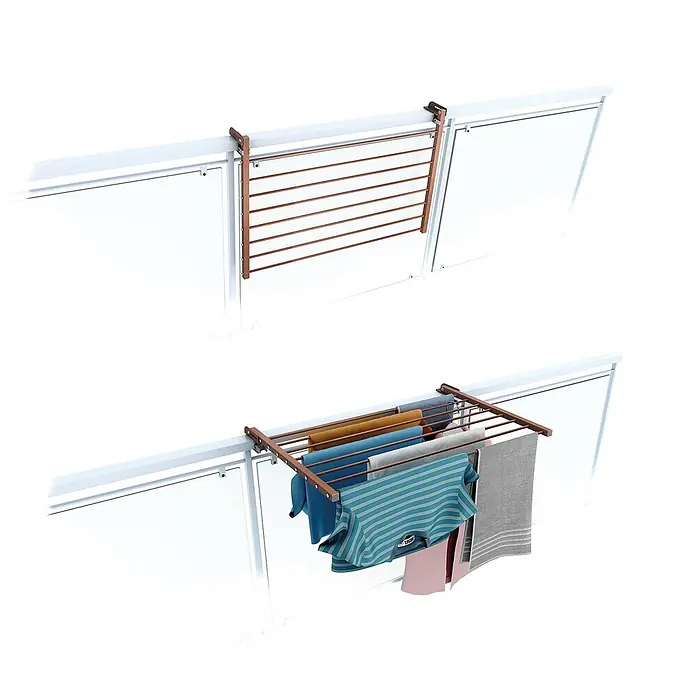 Foxydry Wandwäschetrockner Duo 80 Corten - 82 cm, Farbe: Corten-Optik - Kupferfarbener Balkonwäscheständer, leer und mit Kleidung gezeigt.
