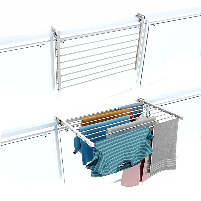 Foxydry Wandwäschetrockner Duo 80 Weiß - 82 cm, Farbe: Weiß - Wäscheständer aus Edelstahl für Balkone mit weißen Halterungen, ausgeklappt und mit Kleidung.