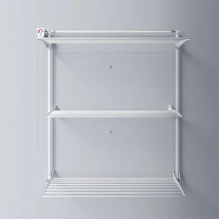 Foxydry Wandwäschetrockner Tower 150 Weiß - 150 cm, Farbe: Weiß - Weißer wandmontierter Wäscheständer mit mehreren verstellbaren Etagen und Seilzugsystem.