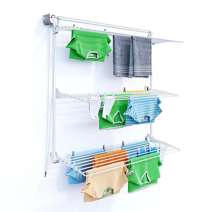 Foxydry Wandwäschetrockner Tower 150 Weiß - 150 cm, Farbe: Weiß - Weißer wandmontierter Wäscheständer mit mehreren Ebenen, Seilzugsystem und trocknender Kleidung.