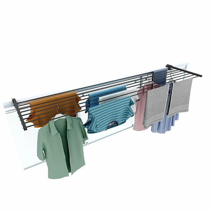 Foxydry Wandwäschetrockner Duo 200 Anthrazit - 202 cm, Farbe: Anthrazitschwarz - Wandmontierter Wäschetrockner mit schwarzem und weißem Rahmen, der bunte Kleidung zum Trocknen hält.