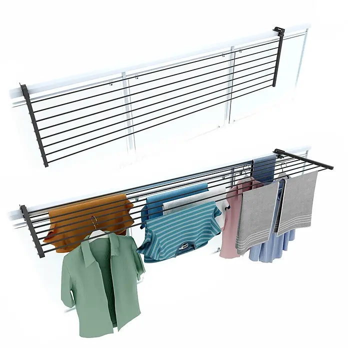 Foxydry Wandwäschetrockner Duo 200 Anthrazit - 202 cm, Farbe: Anthrazitschwarz - Zwei schwarze wandmontierte Wäscheständer; einer mit bunten Hemden und Handtüchern, der andere leer.