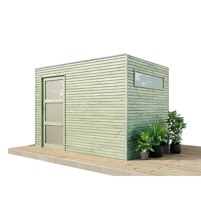 Alpholz Gartenhaus QBS - Außenmaß inkl. Dachüberstand (B x T): 300 x 210 cm, Holz, Braun - Hellgrüner Holzschuppen mit Glastür und liegendem Fenster, auf einer Holzterrasse, mit Topfpflanzen dekoriert.
