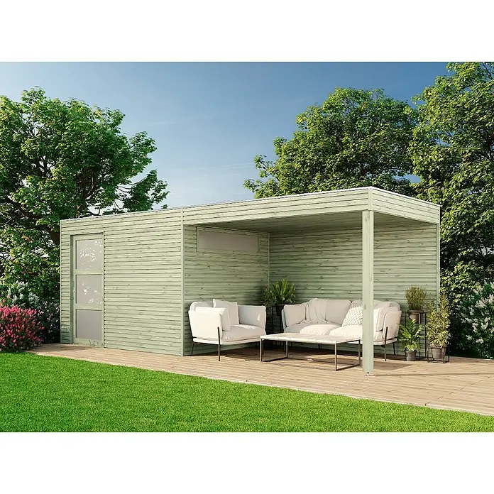 Alpholz Gartenhaus QBS - Außenmaß inkl. Dachüberstand (B x T): 300 x 210 cm, Holz, Braun - Hellgrüner Holzgartenschuppen mit integrierter Pergola, der einen Lounge-Bereich im Freien schafft.