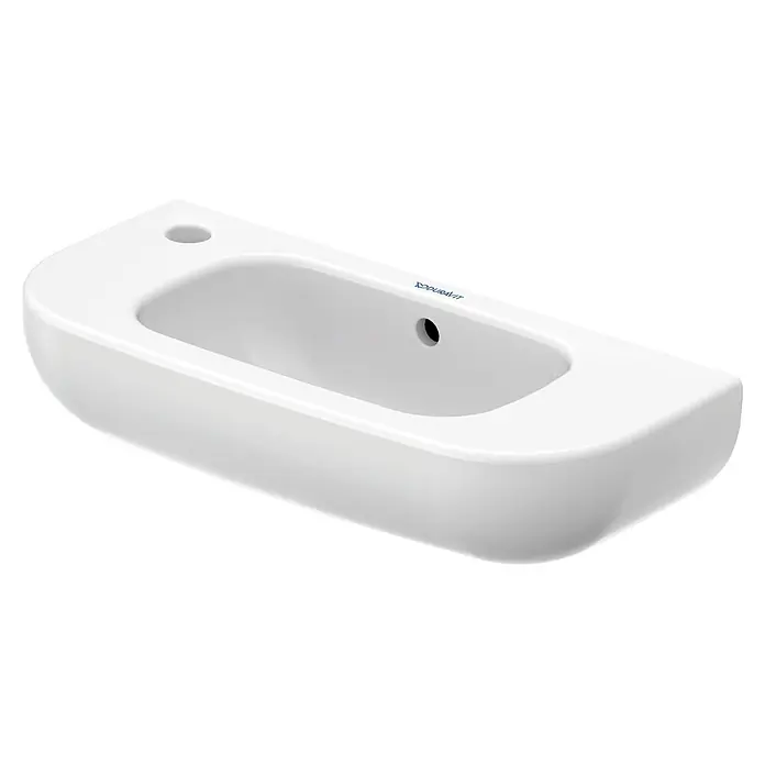Duravit D-Code Waschbecken - 50 x 22 cm, Ohne Spezialglasur, Hahnloch: Links, Mit Überlauf, Weiß - Weißes wandhängendes Duravit Keramikwaschbecken mit Hahnloch und Überlauf.