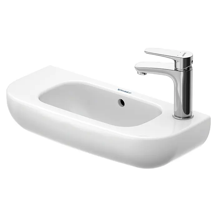 Duravit D-Code Waschbecken - 50 x 22 cm, Ohne Spezialglasur, Hahnloch: Rechts, Mit Überlauf, Weiß - Weißes Keramik-Wandwaschbecken mit Einhebel-Armatur aus Chrom.