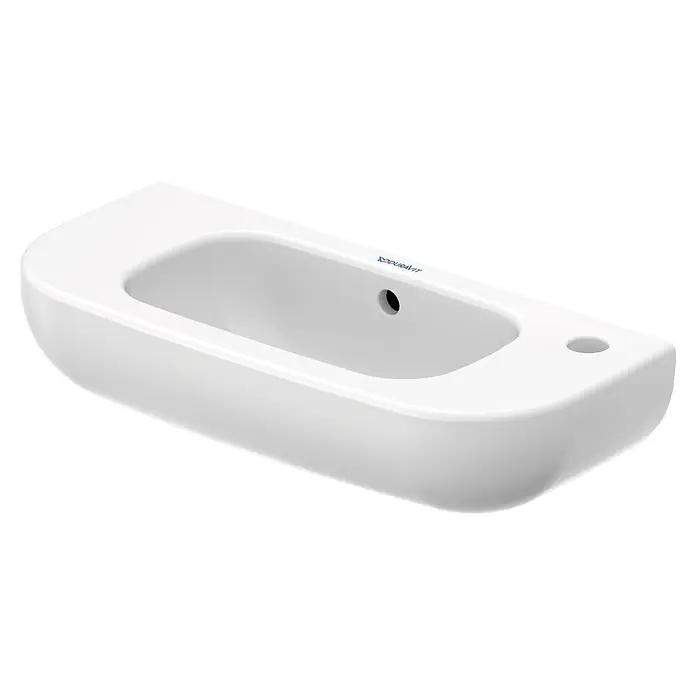 Duravit D-Code Waschbecken - 50 x 22 cm, Ohne Spezialglasur, Hahnloch: Rechts, Mit Überlauf, Weiß - Weißes Keramik-Wandwaschbecken mit Überlauf und Hahnloch, mit DURAVIT Logo.