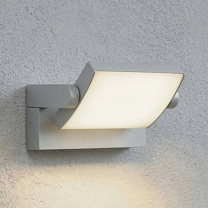 Lindby Außenwandleuchte Sherin - alu / grau / zink, IP54 - Moderne, verstellbare graue LED-Außenwandleuchte mit beleuchtetem rechteckigem Panel.