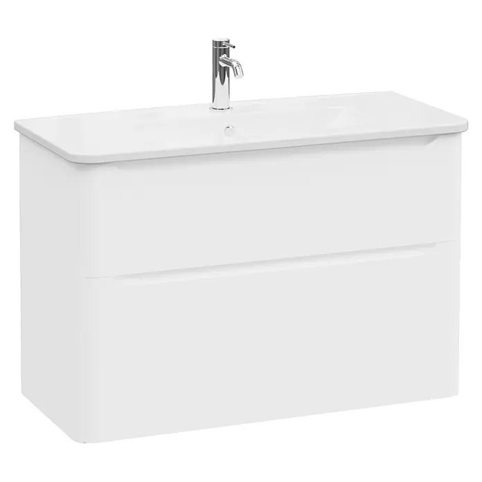 VitrA Integra Round Badmöbel-Set - Gesamtbreite Badmöbel: 100 cm, Weiß, Matt - Weißer wandhängender Waschtischunterschrank mit integriertem Keramikwaschbecken, zwei Schubladen und Chromarmatur.