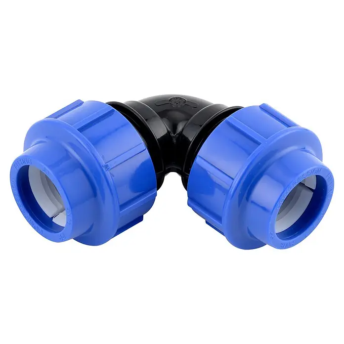 Winkelverbinder - Kunststoff, 32 mm - Blau-schwarzer 90-Grad-Winkel-Klemmverbinder für Rohre.