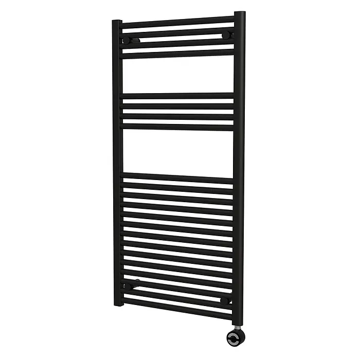Interpromo Elektro-Badheizkörper Sonora, 50 × 120 cm, Schwarz Matt, 400 W, inkl. Heizstab - Ausstattung Heizkörper: Entlüfter - Schwarzer Handtuchheizkörper mit Querstreben und runder Steuereinheit unten.
