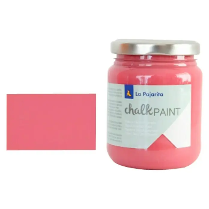 La Pajarita Pintura de tiza Chalk Paint - Fresa boho, 175 ml, Mate - Tarro de pintura de tiza rosa La Pajarita junto a la muestra de color. Ideal para muebles y decoración, para un look vintage.