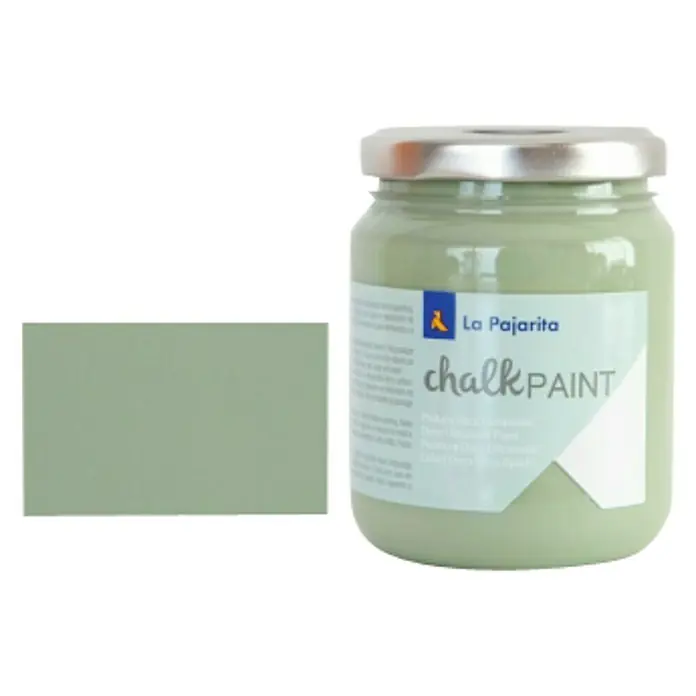 La Pajarita Pintura de tiza Chalk Paint - Verde bambú, 175 ml, Mate - Un tarro de pintura de tiza verde salvia de La Pajarita junto a una muestra de color, ideal para proyectos DIY y decoración de muebles.