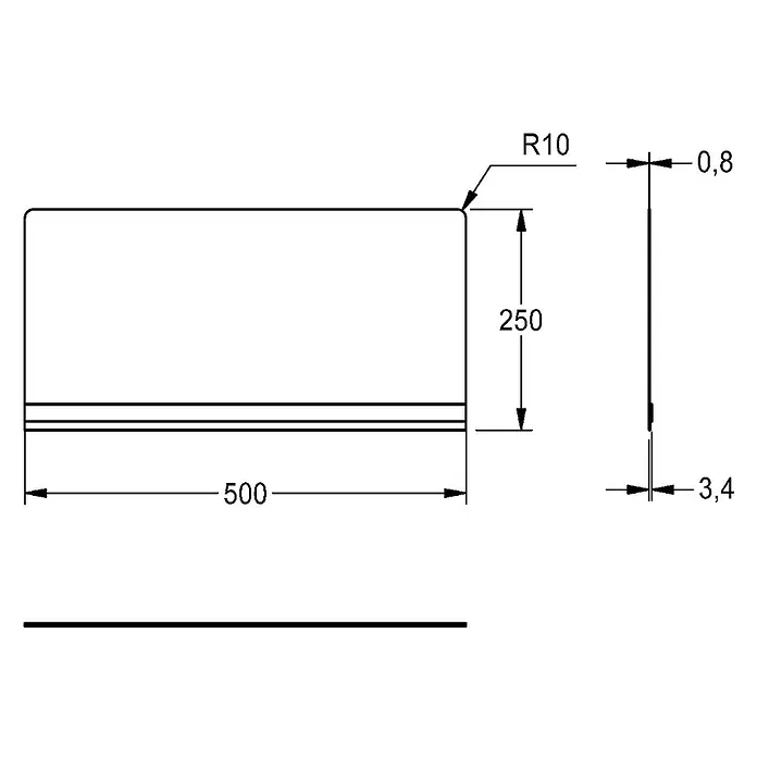 KWC Duschwand-Seitenteil KWC AR Rückwand, SIRIUS, Edelstahl, 500x250 mm, aufsteckbar - B x H: 28 x 3 cm - Technische Zeichnung einer rechteckigen Platte, 500x250mm, mit R10-abgerundeten Ecken und horizontalen Prägelinien, zeigt Dicken von 0,8mm und 3,4mm.