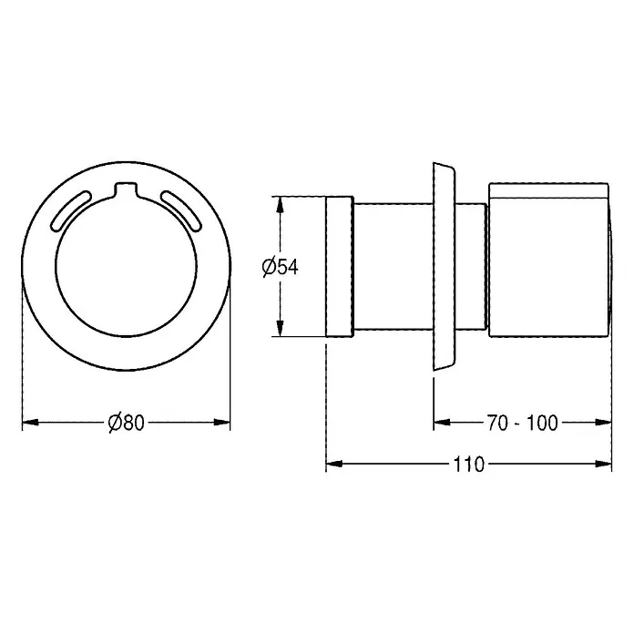 KWC Waschbecken KWC - B x L: 15,5 x 23 cm - Technische Zeichnung einer verstellbaren zylindrischen Wandhülse, 80 mm Außendurchmesser, 54 mm Innendurchmesser, mit 70-100 mm Längenbereich.