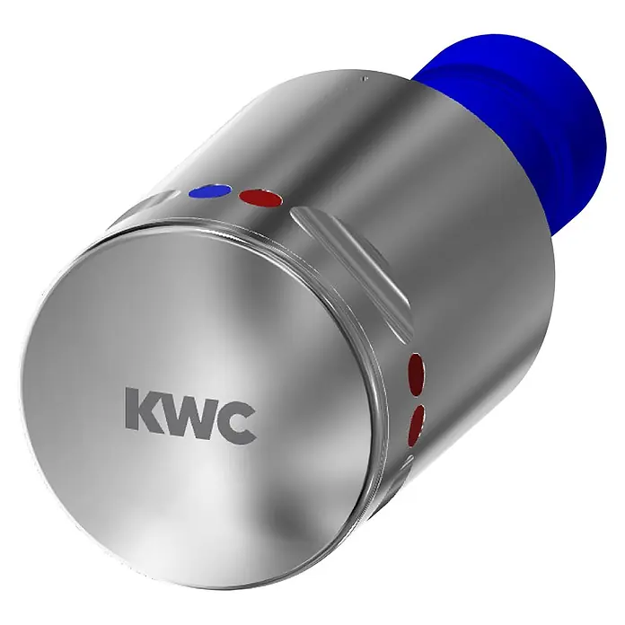 KWC Thermostatkopf KWC AR Thermostatsteuereinheit, Griff, nicht steigende Spindel, 2000104798 -  - Zylindrisches metallisches Armaturenteil mit KWC-Logo, blauem Ende und roten/blauen Anzeigepunkten.