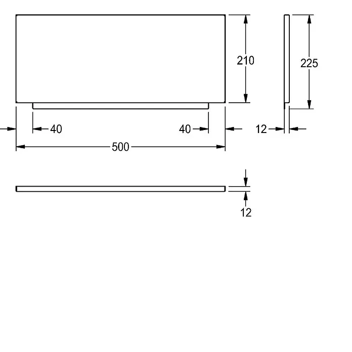 KWC Duschwand-Seitenteil KWC AR Rückwand, SIRIUS, Edelstahl, 500x210x12 mm, aufsteckbar - B x H: 2 x 27 cm - Technische Zeichnung einer rechteckigen Platte (500x210x12mm) mit vertieftem Sockel, Gesamthöhe 225mm.