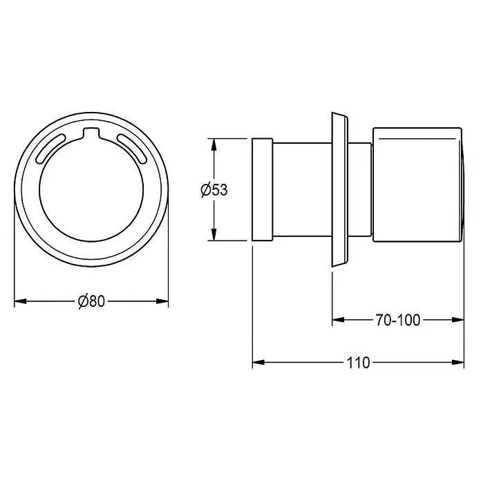 KWC Thermostatkopf KWC AR Thermostatsteuereinheit, LABS-konform, 2030036539 -  - Technisches Zeichnung eines zylindrischen Ablauf- oder Ventileinsatzes mit runder Vorderseite (Ø80) und einstellbarer Länge (70-100mm).