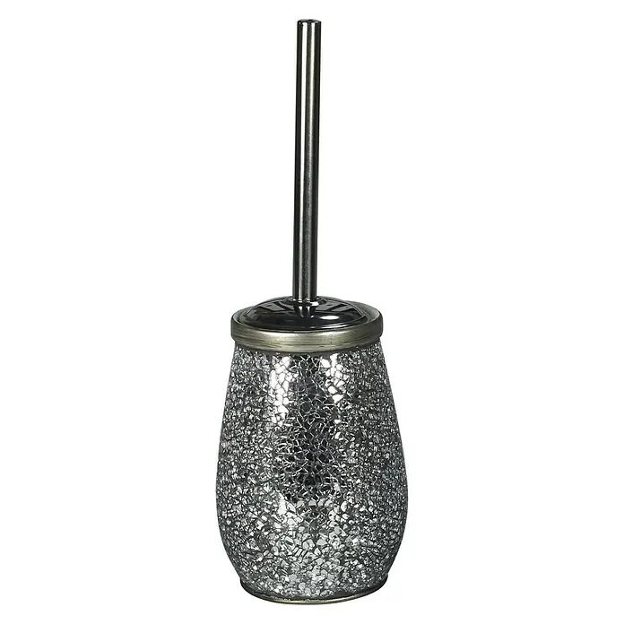 Deblanch Trencadis Cromo Conjunto de escobilla - 12,3 x 12,3 x 35 cm, Cerámica, Gris - Soporte para cepillo de baño plateado con patrón de mosaico y mango a juego.