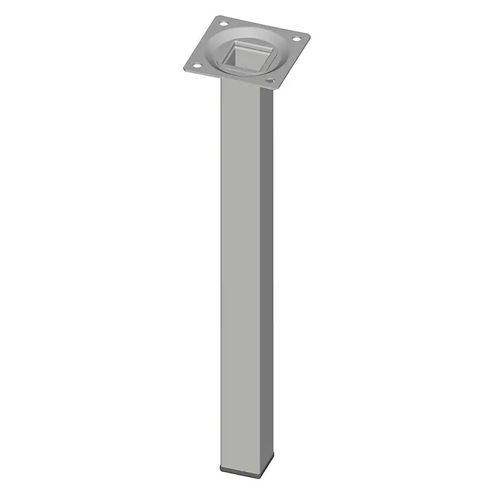Element System Pata para muebles - L x An x Al: 2,5 x 2,5 x 80 cm, Capacidad de carga: 30 kg, Acero, Aluminio blanco - En la imagen, una pata de mesa cuadrada plateada con placa de montaje, ideal para diseños de muebles modernos.