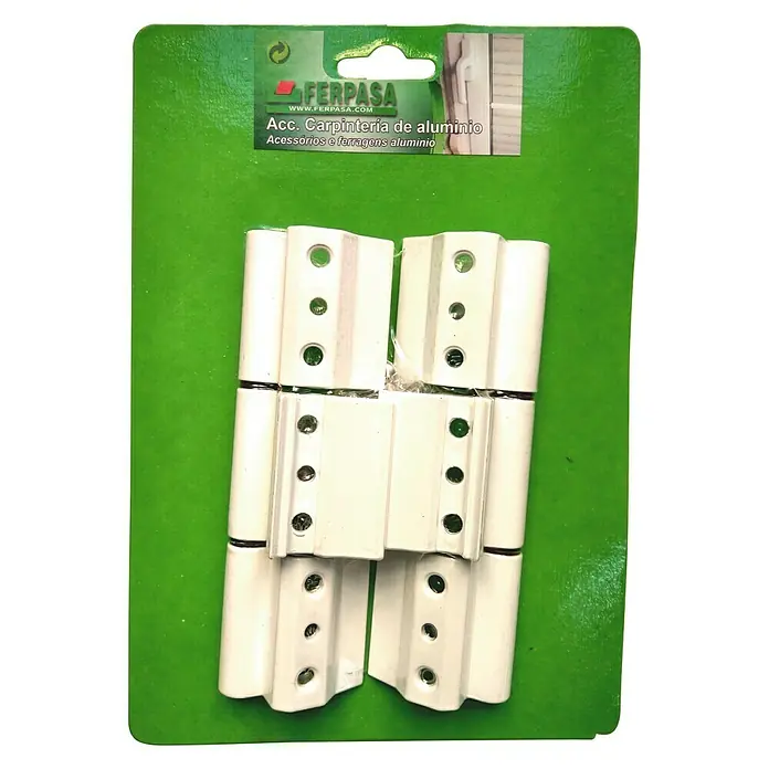 Bisagra reforzada - Largo: 150 mm, Blanco, 2 ud. - La imagen muestra un paquete de bisagras de aluminio FERPASA para aplicaciones de carpintería, ideales para profesionales y proyectos de bricolaje.