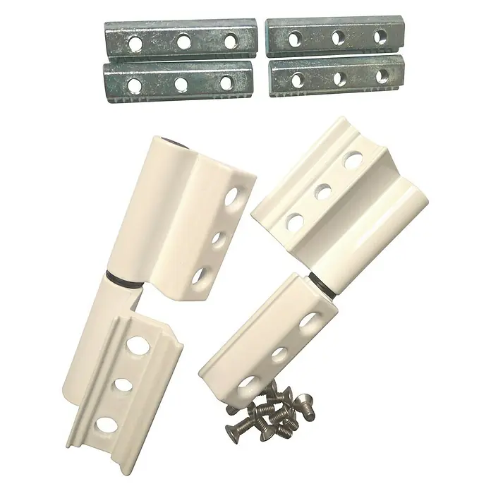 Bisagra Europea - 100 x 48 x 20 mm, Blanco, 2 ud. - Primer plano de bisagras de puerta con material de montaje, ideal para proyectos de bricolaje y reparaciones.