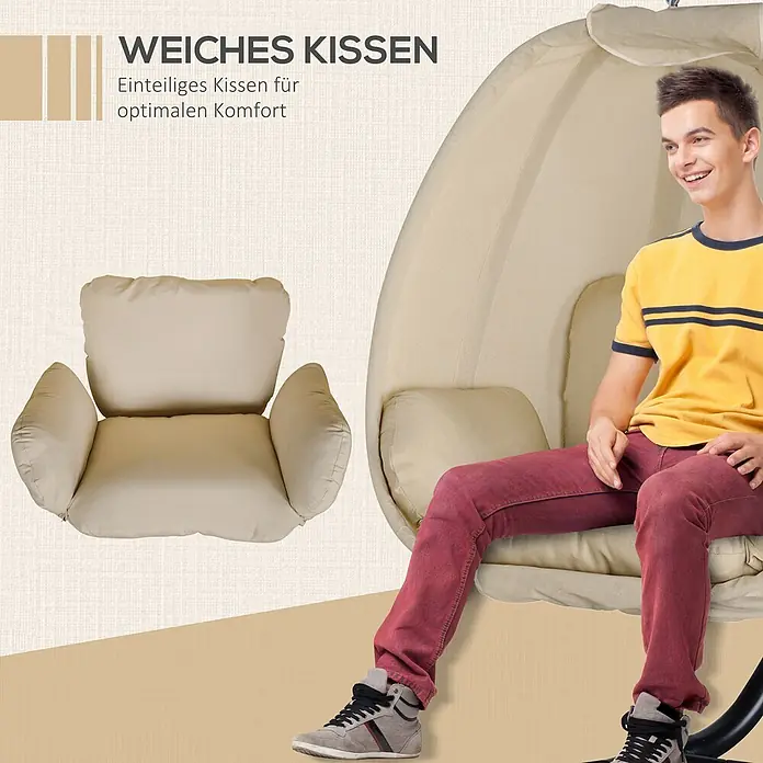 Outsunny Hängesessel - L x B x H: 125 x 95 x 170 cm, Khaki - Weiches, einteiliges beiges Kissen für optimalen Komfort, einzeln und in einem Hängesessel gezeigt.