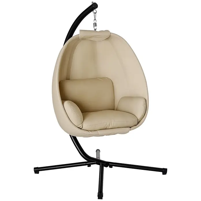 Outsunny Hängesessel - L x B x H: 125 x 95 x 170 cm, Khaki - Beiger Hängesessel mit Plüschkissen, an einem schwarzen Metallgestell aufgehängt.
