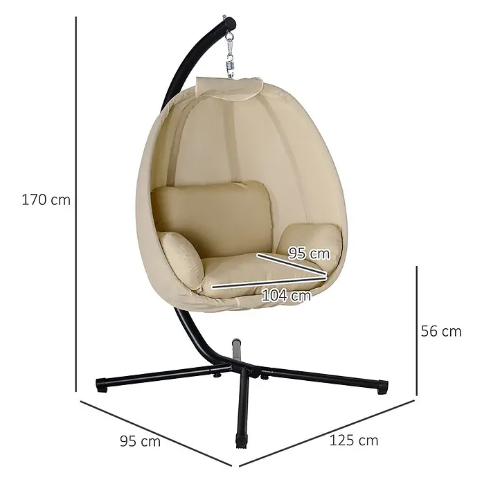 Outsunny Hängesessel - L x B x H: 125 x 95 x 170 cm, Khaki - Beiger Hängesessel mit weichen Kissen auf schwarzem Metallgestell, der ein bequemes, schwebendes Sitzerlebnis bietet.