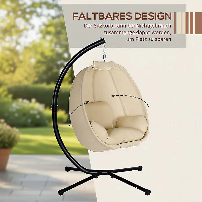 Outsunny Hängesessel - L x B x H: 125 x 95 x 170 cm, Khaki - Beiger faltbarer Hängesessel mit schwarzem Ständer, zum Platzsparen zusammenklappbar.