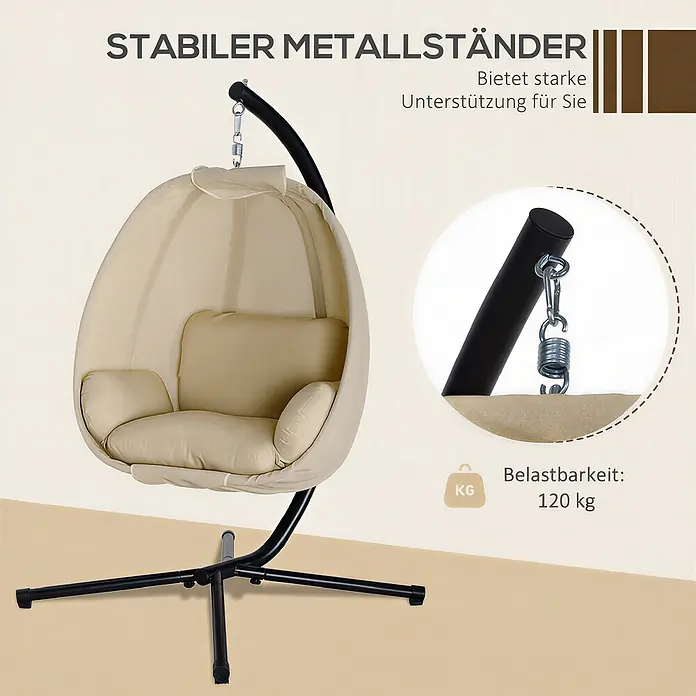 Outsunny Hängesessel - L x B x H: 125 x 95 x 170 cm, Khaki - Cremefarbener Hängesessel mit schwarzem Metallständer, 120 kg Belastbarkeit.