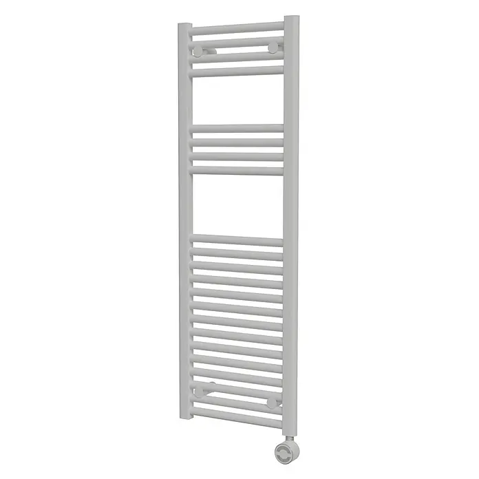 Interpromo Elektro-Badheizkörper Sonora 40 x 120 cm 400 W, Weiß inkl. Heizstab - Ausstattung Heizkörper: Entlüfter - Weißer vertikaler Handtuchheizkörper aus Metall mit horizontalen Stangen und rundem Bedienfeld unten.