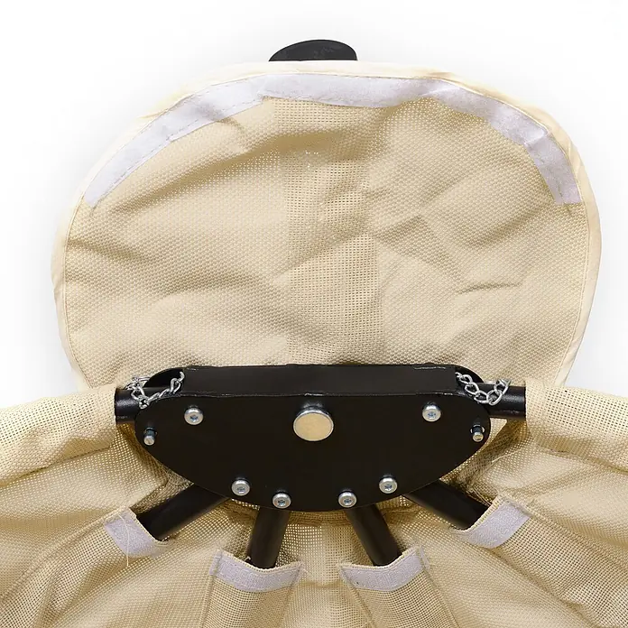 Outsunny Hängesessel - L x B x H: 125 x 95 x 170 cm, Khaki - Schwarzer Metall-Faltmechanismus mit beigem Netzgewebe, befestigt mit Schrauben und Klettverschlüssen.
