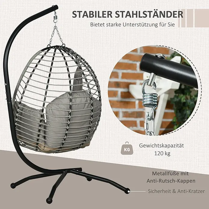 Outsunny Hängesessel - L x B x H: 110 x 100 x 188 cm, Grau - Hängesessel aus schwarzem Stahl mit grauem Korbsitz, weichen grauen Kissen und rutschfesten Füßen auf stabilem Ständer.