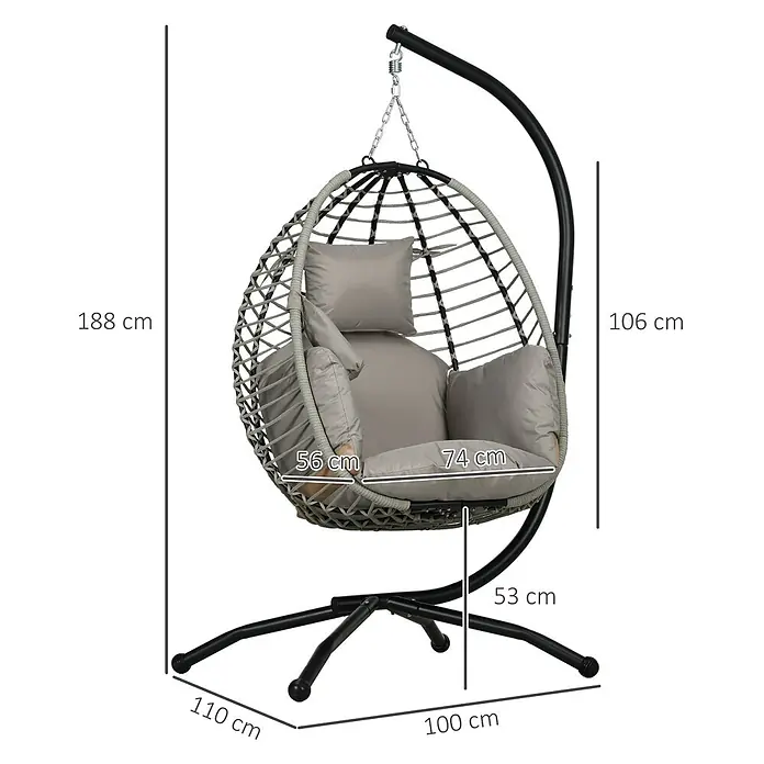 Outsunny Hängesessel - L x B x H: 110 x 100 x 188 cm, Grau - Grauer geflochtener Hänge-Eiersessel mit schwarzem Metallgestell und bequemen grauen Kissen, Maße sind angezeigt.