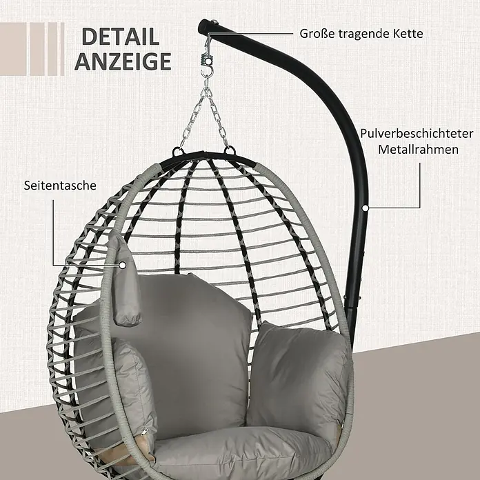 Outsunny Hängesessel - L x B x H: 110 x 100 x 188 cm, Grau - Grauer geflochtener Hängesessel mit schwarz pulverbeschichtetem Metallrahmen, großer Kette, grauen Kissen und Seitentasche.