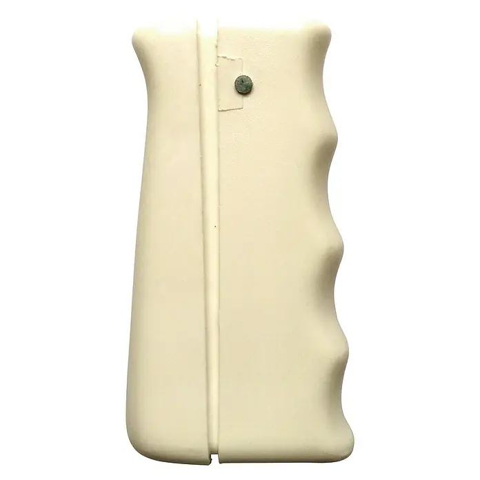 Empuñadura para recogedor - Apto para: Persiana - Vista detallada de una empuñadura de pistola beige, que muestra su diseño ergonómico con ranuras para los dedos, asegurada con un tornillo.