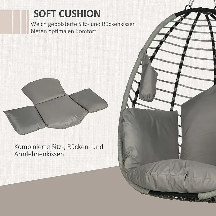 Outsunny Hängesessel - L x B x H: 110 x 100 x 188 cm, Grau - Graues, gepolstertes Kissen für Sitz, Rücken und Armlehnen eines Hängestuhls.
