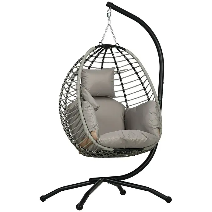 Outsunny Hängesessel - L x B x H: 110 x 100 x 188 cm, Grau - Grauer Hänge-Eierstuhl mit schwarzem Metallgestell und weichen grauen Kissen.