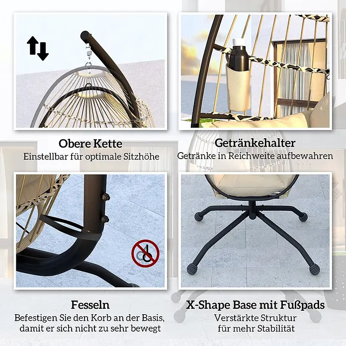 Outsunny Hängesessel - L x B x H: 120 x 88 x 192 cm, Khaki - Beiger Hängesessel mit schwarzem Metallgestell, verstellbarer Kette, Getränkehalter und stabiler X-Basis.