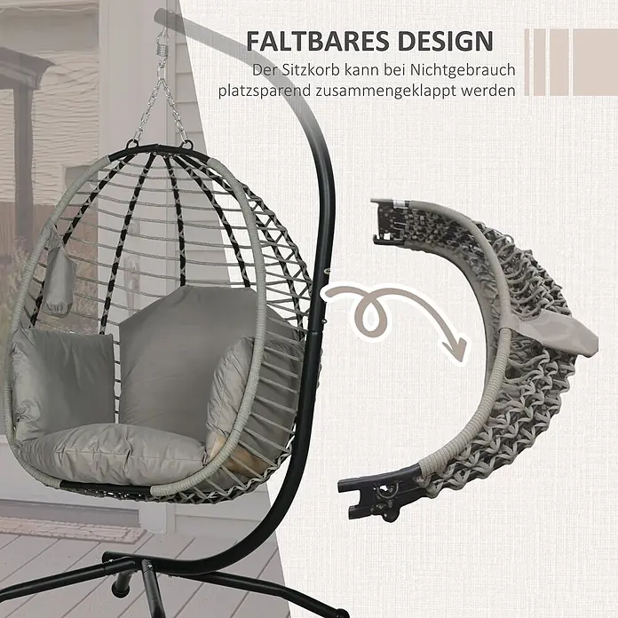 Outsunny Hängesessel - L x B x H: 110 x 100 x 188 cm, Grau - Grauer geflochtener Hänge-Eiersessel mit hellen Kissen, montiert auf einem Ständer und zusammengeklappt für platzsparendes Design.