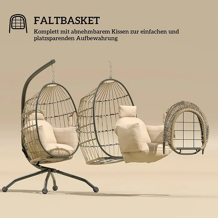 Outsunny Hängesessel - L x B x H: 120 x 88 x 192 cm, Khaki - Klappbarer Rattan-Hängesessel mit beigen Kissen, montiert und teilweise gefaltet zur platzsparenden Aufbewahrung.