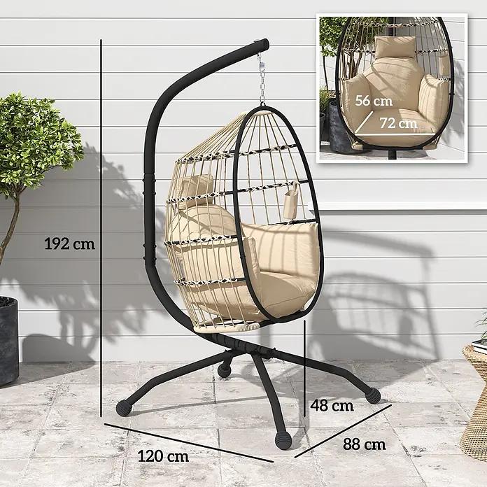 Outsunny Hängesessel - L x B x H: 120 x 88 x 192 cm, Khaki - Schwarzer Metall-Hänge-Eiersessel für den Außenbereich mit beigefarbenem Geflecht und weichen Kissen auf stabilem Standfuß.