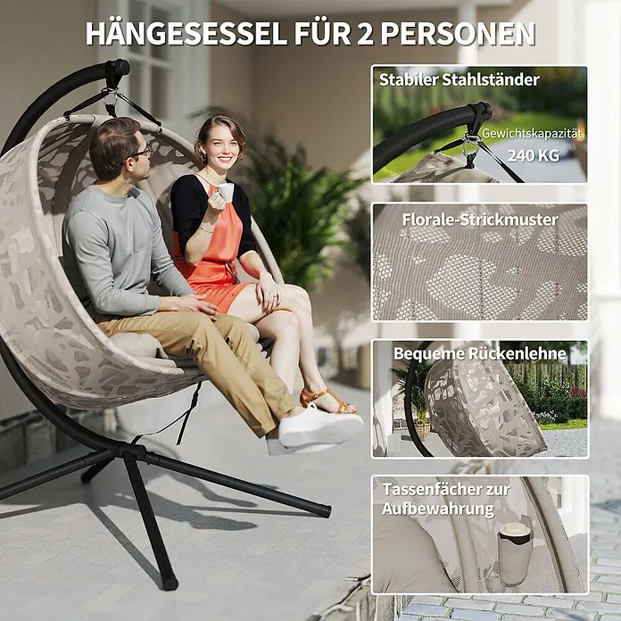 Outsunny Hängesessel - Sand - Beiger Hängesessel für 2 Personen mit floralem Strickmuster, stabilem Stahlständer, 240 kg Tragfähigkeit und Tassenfächern, von einem Paar genutzt.