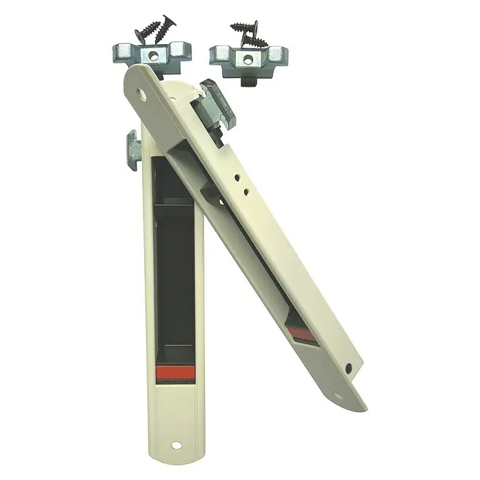 Cerradura para puertas y ventanas 81075 - Blanco - Manija de ventana color crema con material de montaje asociado, ideal para una instalación segura y fácil operación.