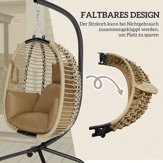 Outsunny Hängesessel - L x B x H: 110 x 100 x 188 cm, Beige - Beiger, zusammenklappbarer Hängesessel mit schwarzem Gestell, montiert und kompakt gefaltet dargestellt.